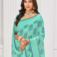Laxmipati Sitaphal Floral Printed Georgette Saree in Turquoise Blue Color with Unstitched Blouse
