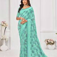 Laxmipati Sitaphal Floral Printed Georgette Saree in Turquoise Blue Color with Unstitched Blouse