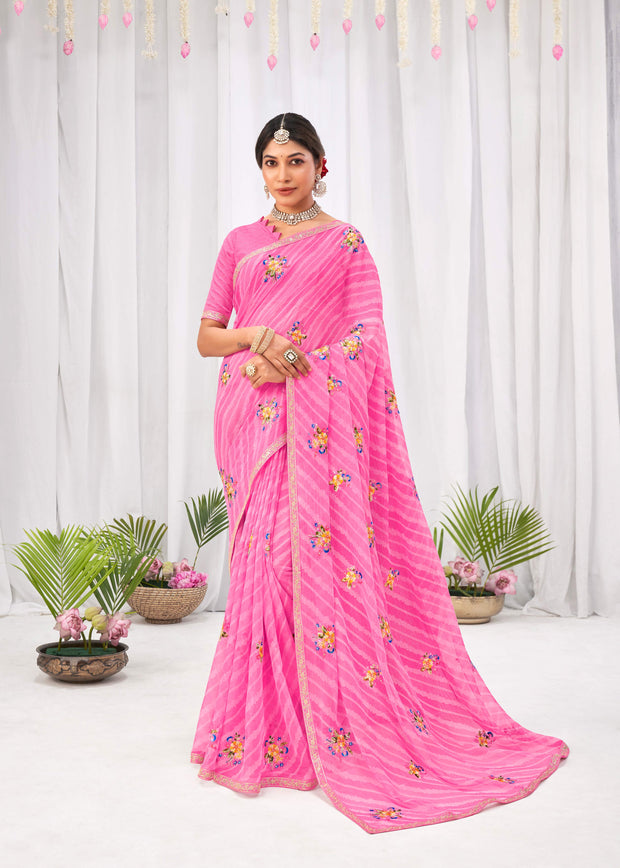 Laxmipati Sushma Floral Embroidered Chiffon Saree in Pink Color with Unstitched Blouse