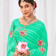 Laxmipati Sushma Floral Embroidered Chiffon Saree in Teal Green Color with Unstitched Blouse