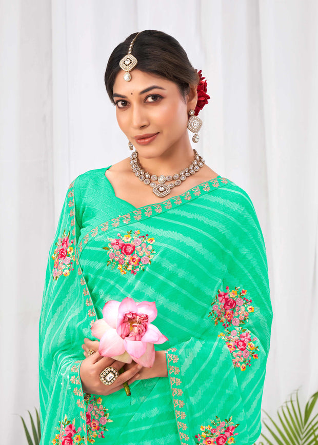 Laxmipati Sushma Floral Embroidered Chiffon Saree in Teal Green Color with Unstitched Blouse