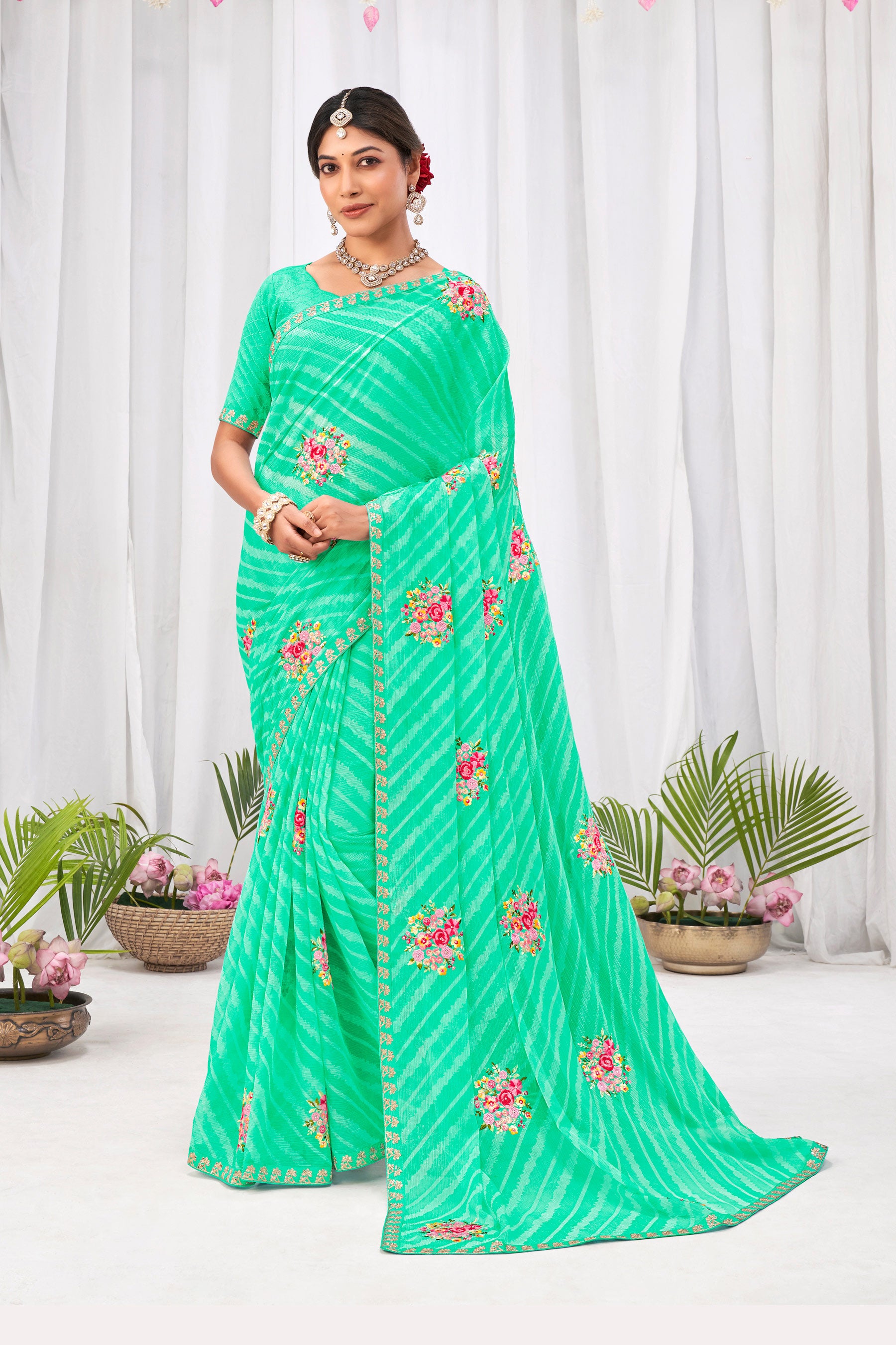Laxmipati Sushma Floral Embroidered Chiffon Saree in Teal Green Color with Unstitched Blouse