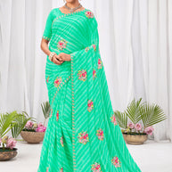Laxmipati Sushma Floral Embroidered Chiffon Saree in Teal Green Color with Unstitched Blouse