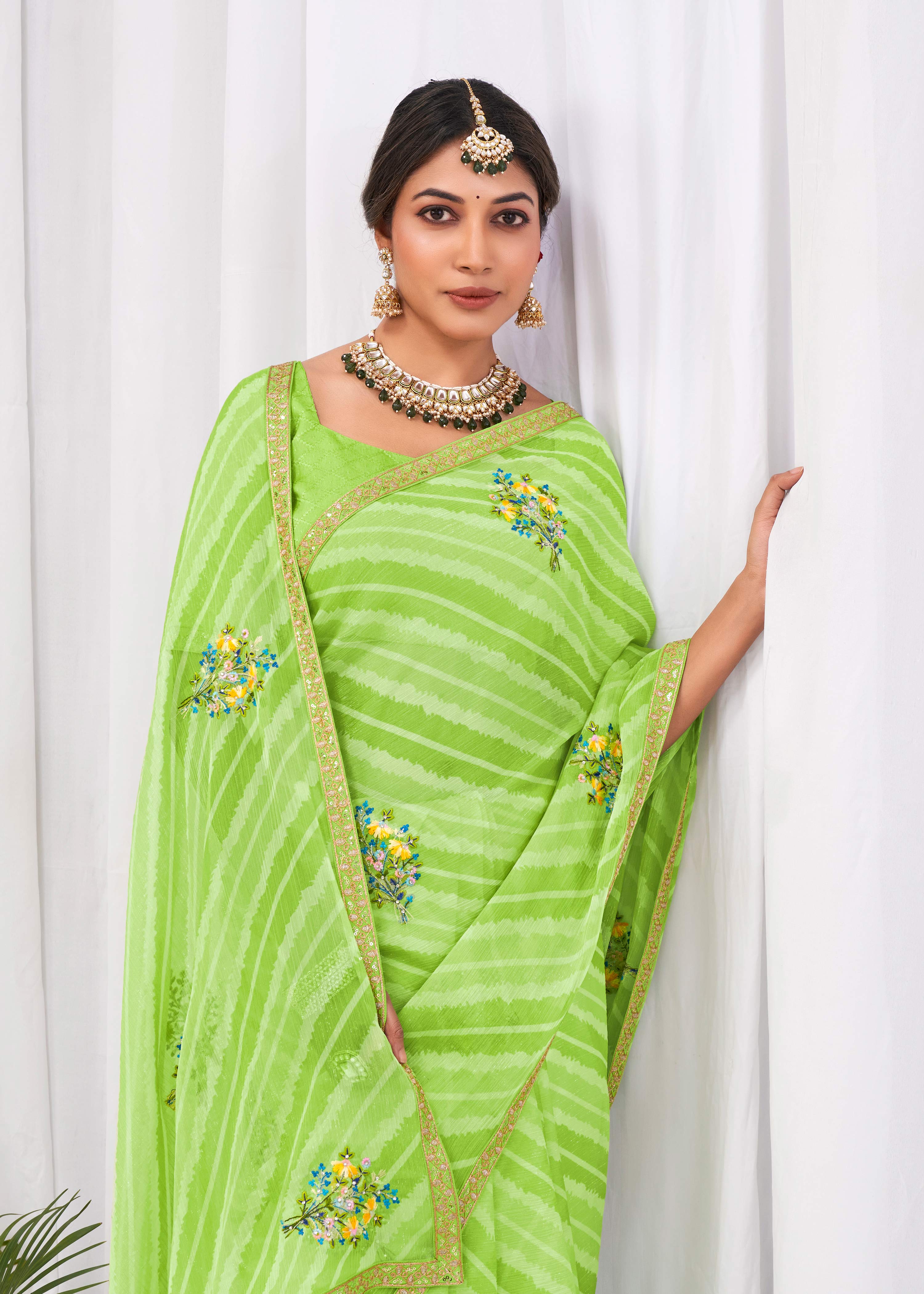 Laxmipati Sushma Floral Embroidered Chiffon Saree in Green Color with Unstitched Blouse