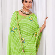 Laxmipati Sushma Floral Embroidered Chiffon Saree in Green Color with Unstitched Blouse