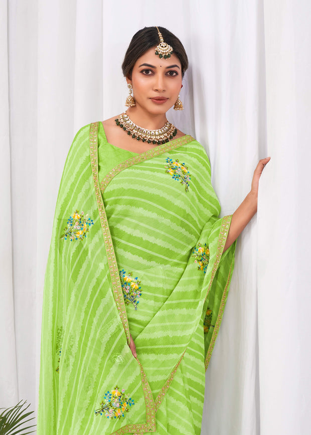 Laxmipati Sushma Floral Embroidered Chiffon Saree in Green Color with Unstitched Blouse