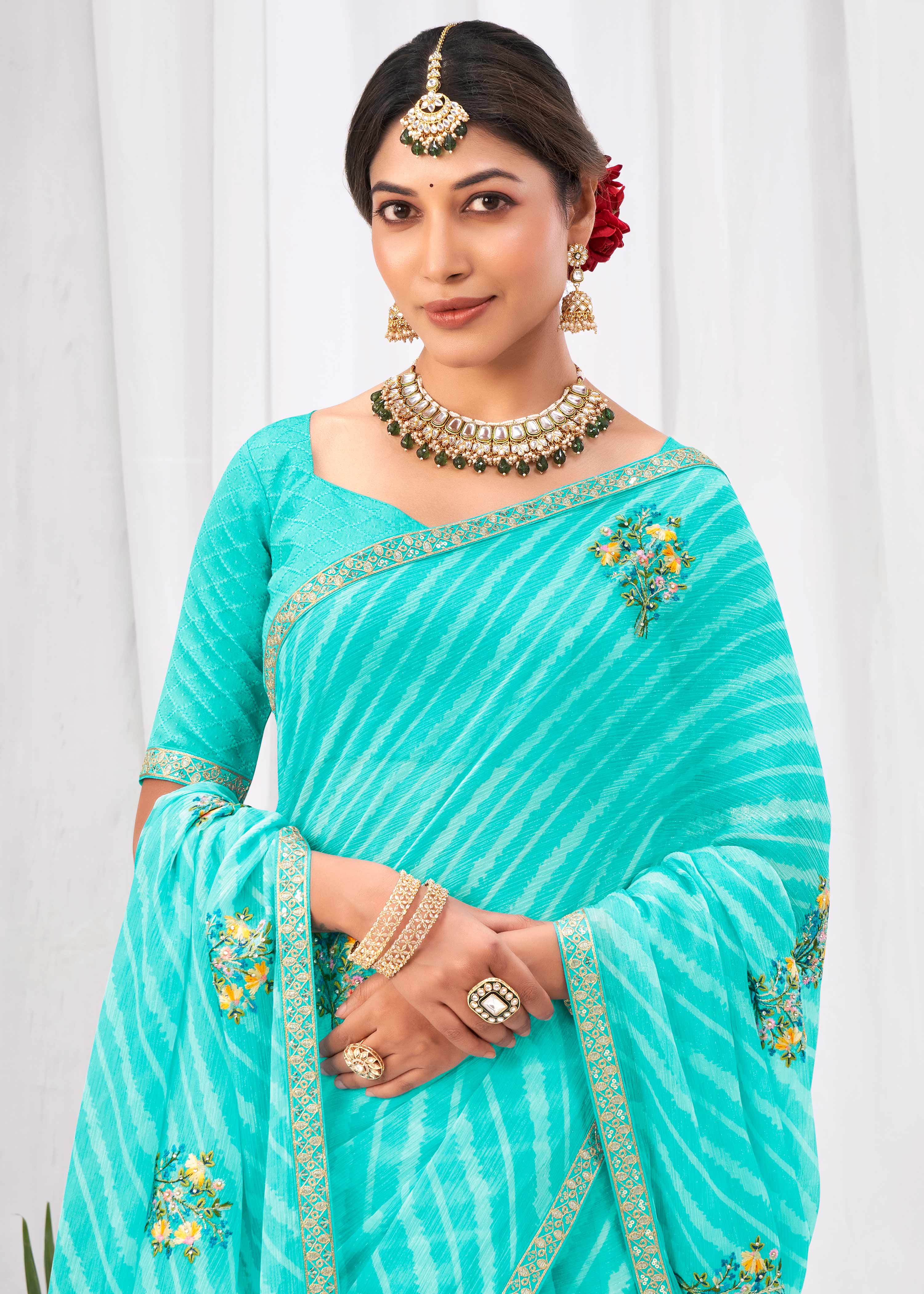 Laxmipati Sushma Floral Embroidered Chiffon Saree in Turquoise Blue Color with Unstitched Blouse