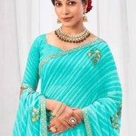 Laxmipati Sushma Floral Embroidered Chiffon Saree in Turquoise Blue Color with Unstitched Blouse