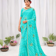 Laxmipati Sushma Floral Embroidered Chiffon Saree in Turquoise Blue Color with Unstitched Blouse