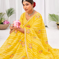 Laxmipati Sushma Floral Embroidered Chiffon Saree in Yellow Color with Unstitched Blouse