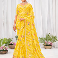 Laxmipati Sushma Floral Embroidered Chiffon Saree in Yellow Color with Unstitched Blouse