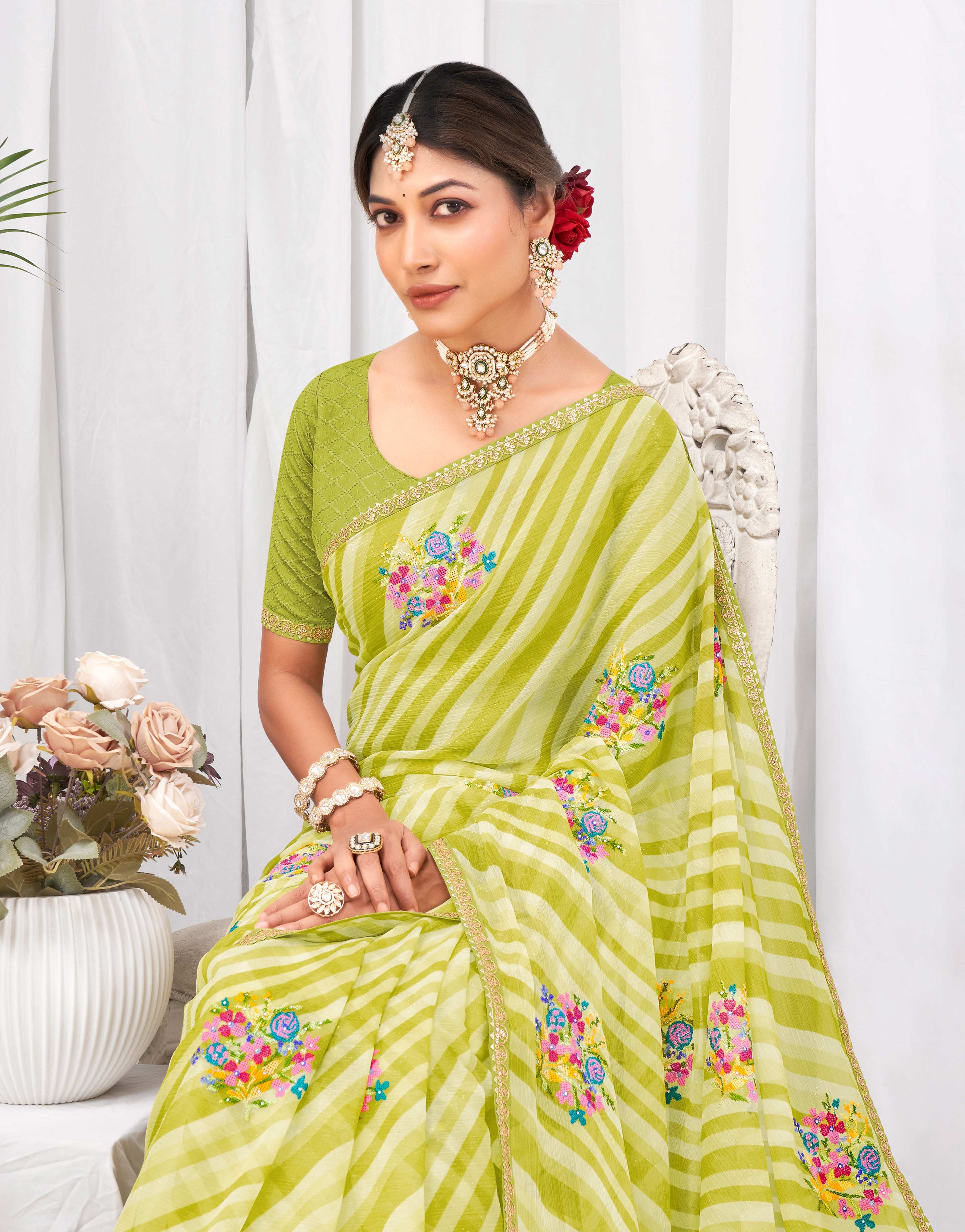 Laxmipati Neha Leheriya Printed along with Floral Embroidered Chiffon Saree in Olive Green Color