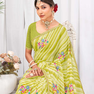 Laxmipati Neha Leheriya Printed along with Floral Embroidered Chiffon Saree in Olive Green Color