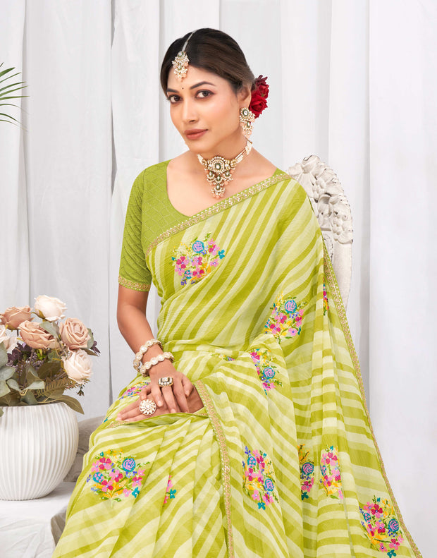 Laxmipati Neha Leheriya Printed along with Floral Embroidered Chiffon Saree in Olive Green Color