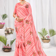 Laxmipati Neha Leheriya Printed along with Floral Embroidered Chiffon Saree in Peach Color