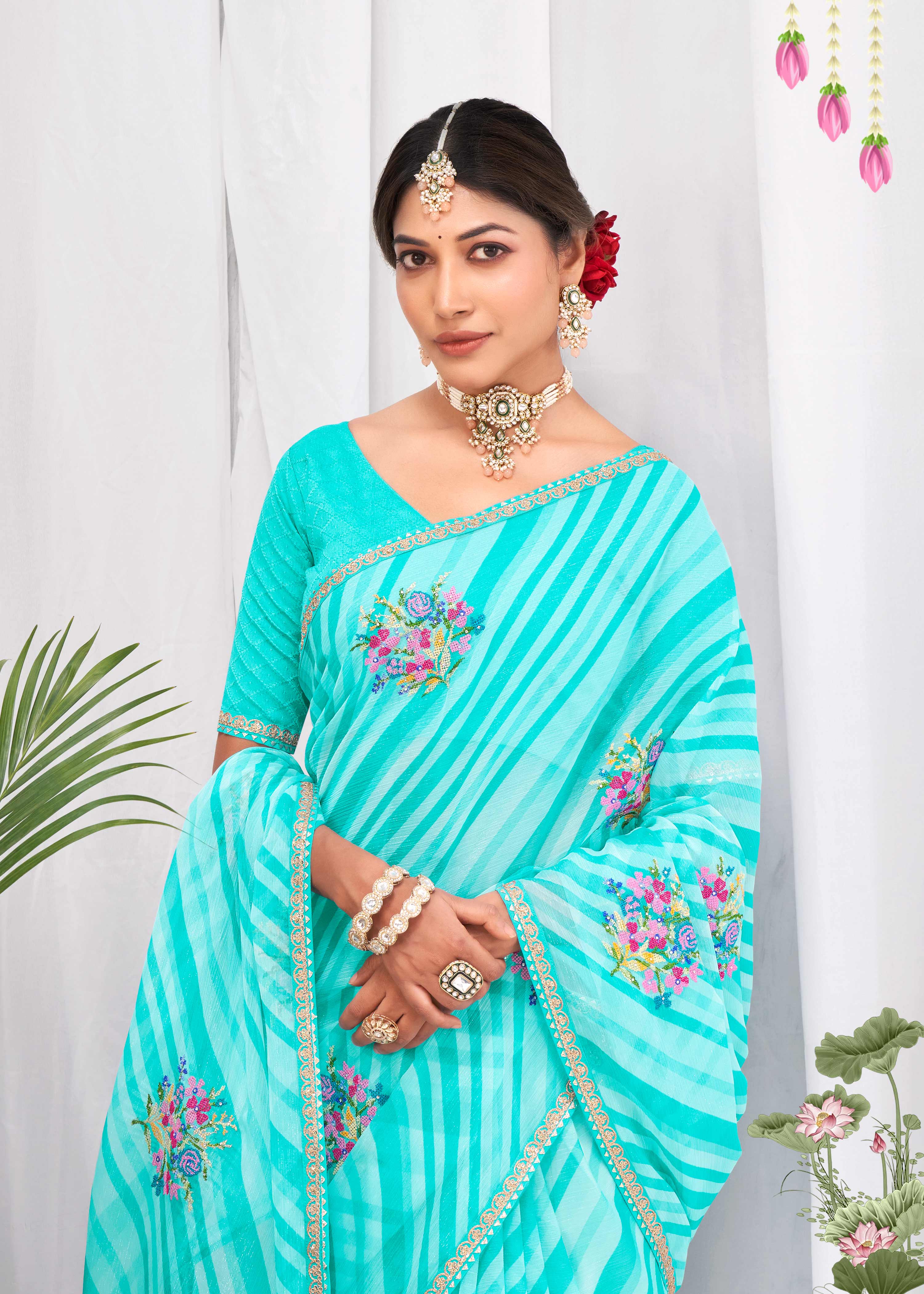 Laxmipati Neha Leheriya Printed along with Floral Embroidered Chiffon Saree in Blue Color