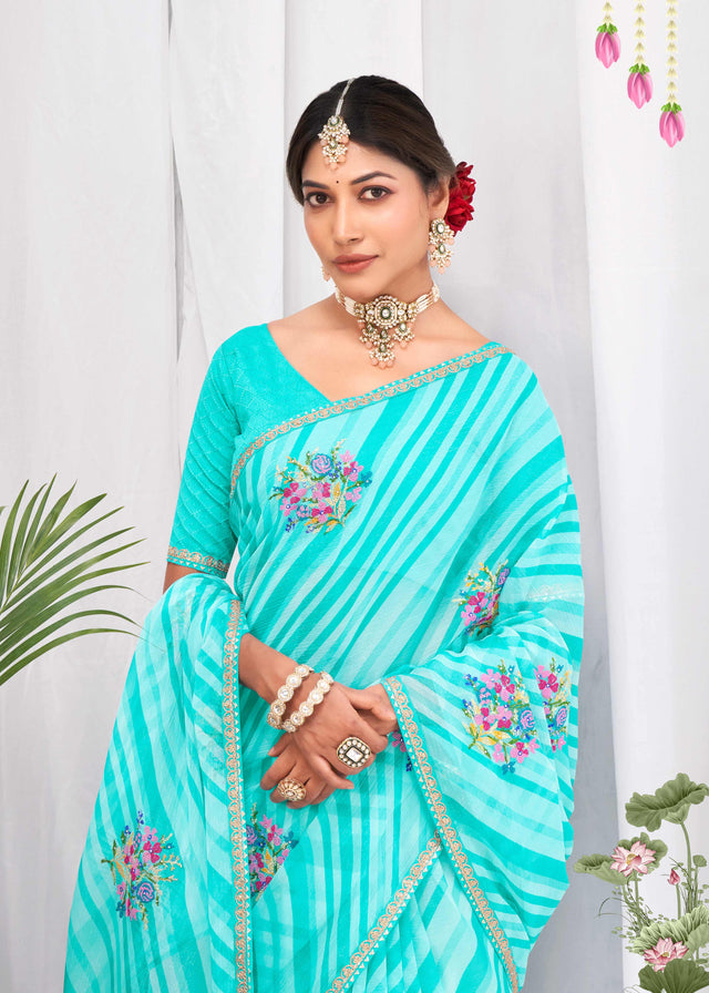 Laxmipati Neha Leheriya Printed along with Floral Embroidered Chiffon Saree in Blue Color