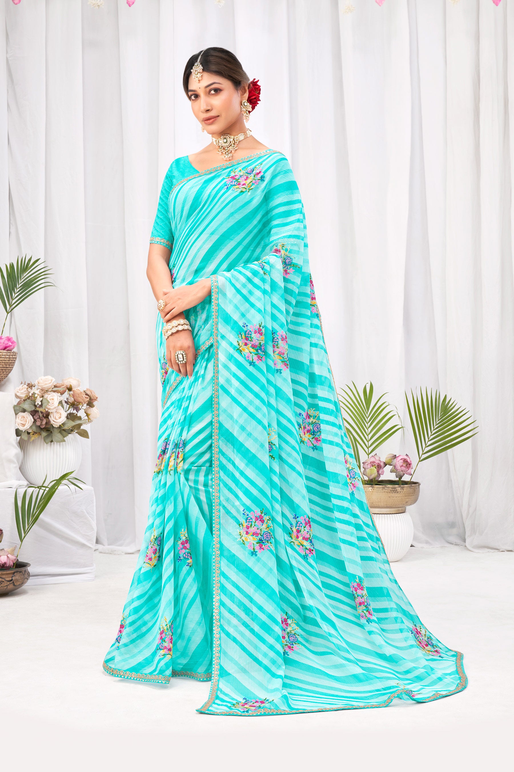 Laxmipati Neha Leheriya Printed along with Floral Embroidered Chiffon Saree in Blue Color