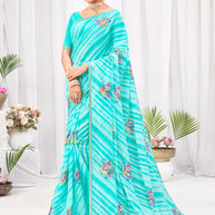 Laxmipati Neha Leheriya Printed along with Floral Embroidered Chiffon Saree in Blue Color