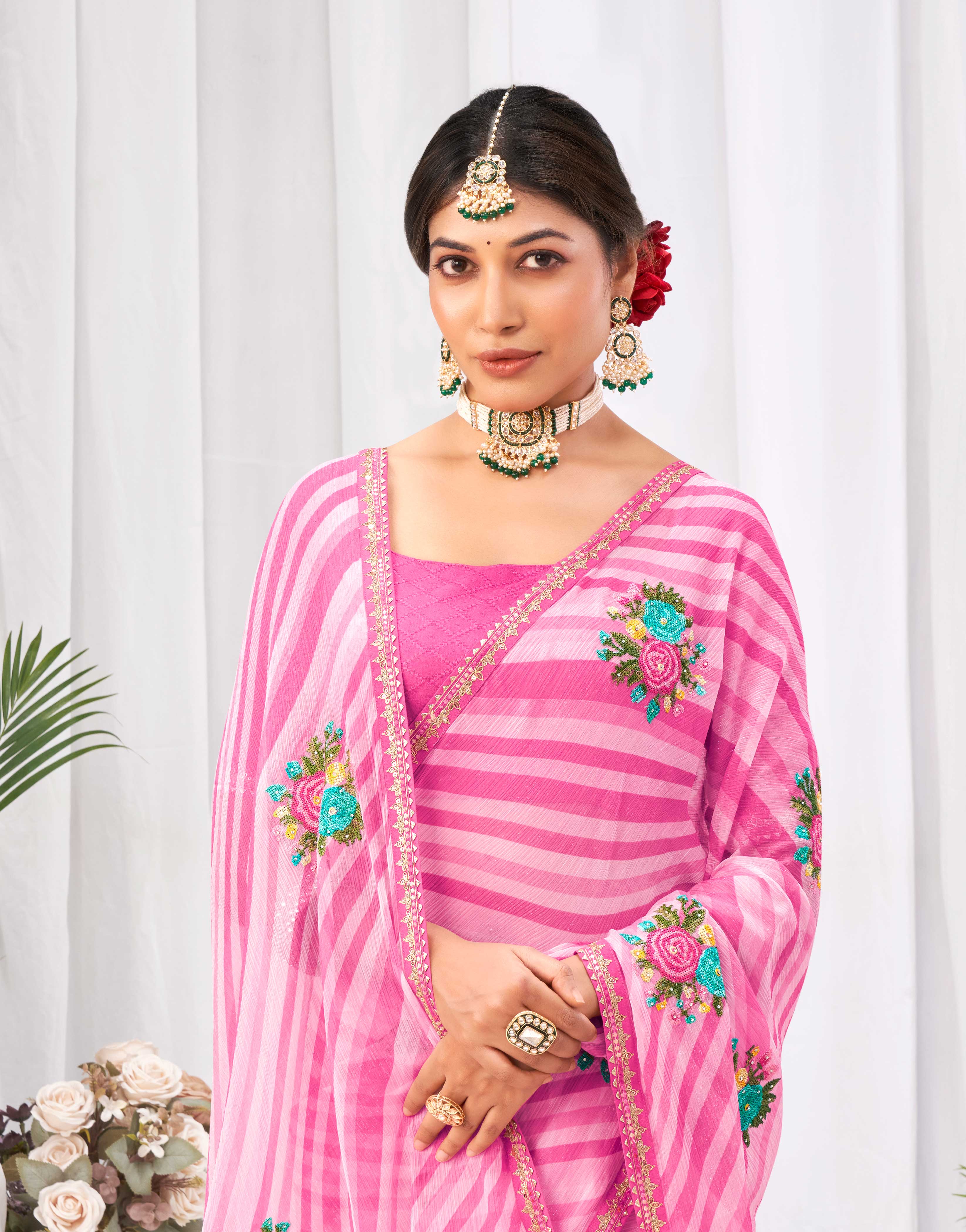 Laxmipati Neha Leheriya Printed along with Floral Embroidered Chiffon Saree in Pink Color
