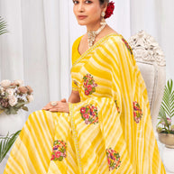 Laxmipati Neha Leheriya Printed along with Floral Embroidered Chiffon Saree in Yellow Color