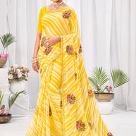 Laxmipati Neha Leheriya Printed along with Floral Embroidered Chiffon Saree in Yellow Color