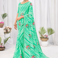 Laxmipati Neha Leheriya Printed along with Floral Embroidered Chiffon Saree in Green Color