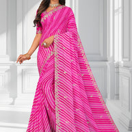 Laxmipati Leheriya Printed along with Floral Zari Work Chiffon Saree in Pink Color with Unstitched Blouse