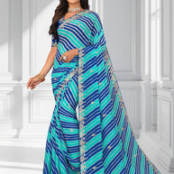 Laxmipati Leheriya Printed along with Floral Zari Work Chiffon Saree in Blue Color with Unstitched Blouse
