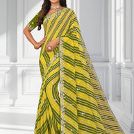 Laxmipati Leheriya Printed along with Floral Zari Work Chiffon Saree in Lime Yellow Color with Unstitched Blouse