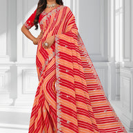 Laxmipati Leheriya Printed along with Floral Zari Work Chiffon Saree in Peach Color with Unstitched Blouse