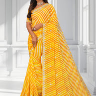 Laxmipati Leheriya Printed along with Floral Zari Work Chiffon Saree in Yellow Color with Unstitched Blouse