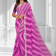 Laxmipati Leheriya Printed along with Floral Zari Work Chiffon Saree in Magenta Color with Unstitched Blouse
