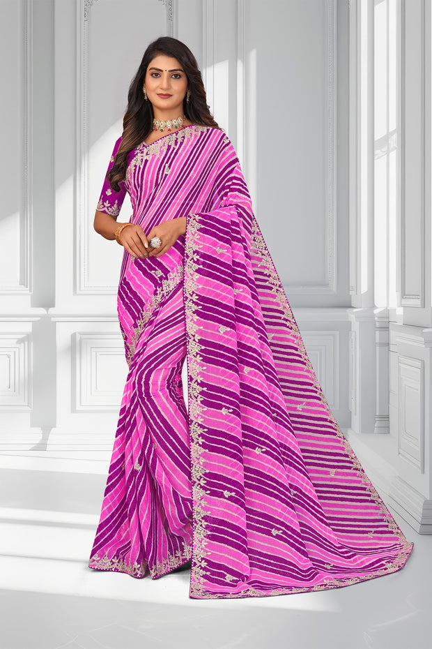 Laxmipati Leheriya Printed along with Floral Zari Work Chiffon Saree in Magenta Color with Unstitched Blouse