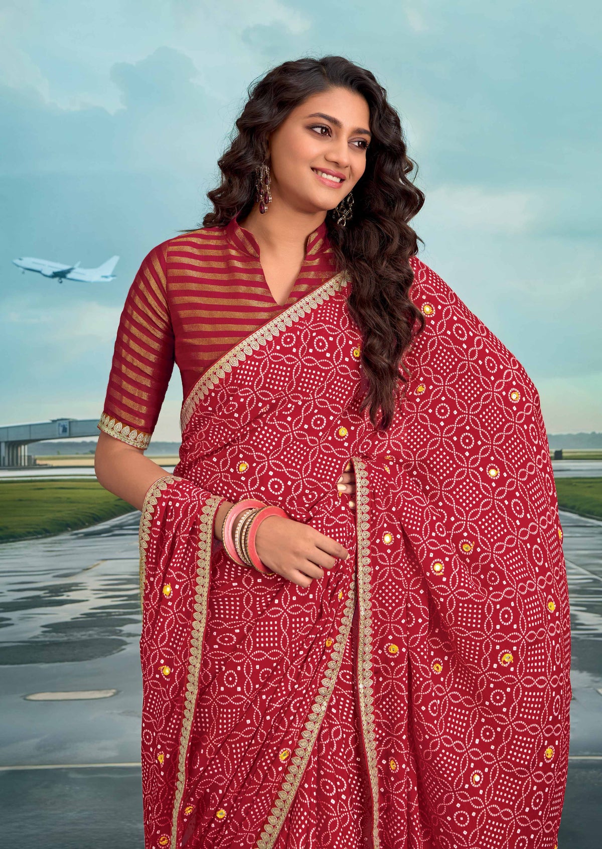 Laxmipati Raadhika Red Bandhani Print Chiffon Saree