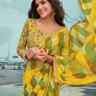 Laxmipati Raadhika Yellow Abstract Geometric Print Chiffon Saree