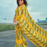 Laxmipati Raadhika Yellow Abstract Geometric Print Chiffon Saree