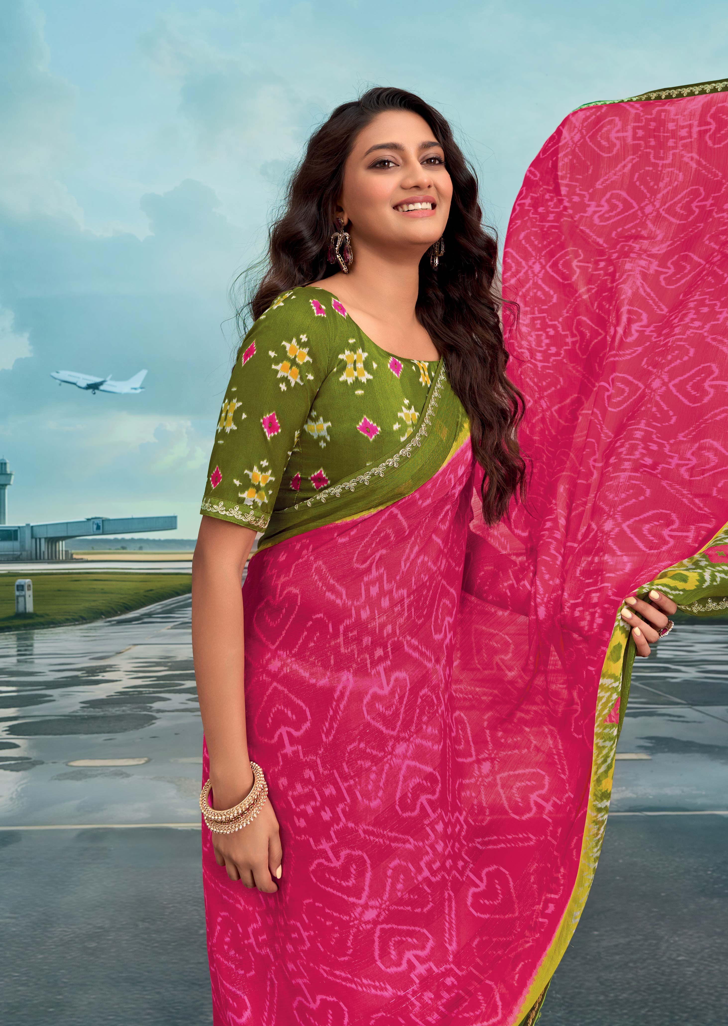 Laxmipati Raadhika Pink Ikat Print Chiffon Saree