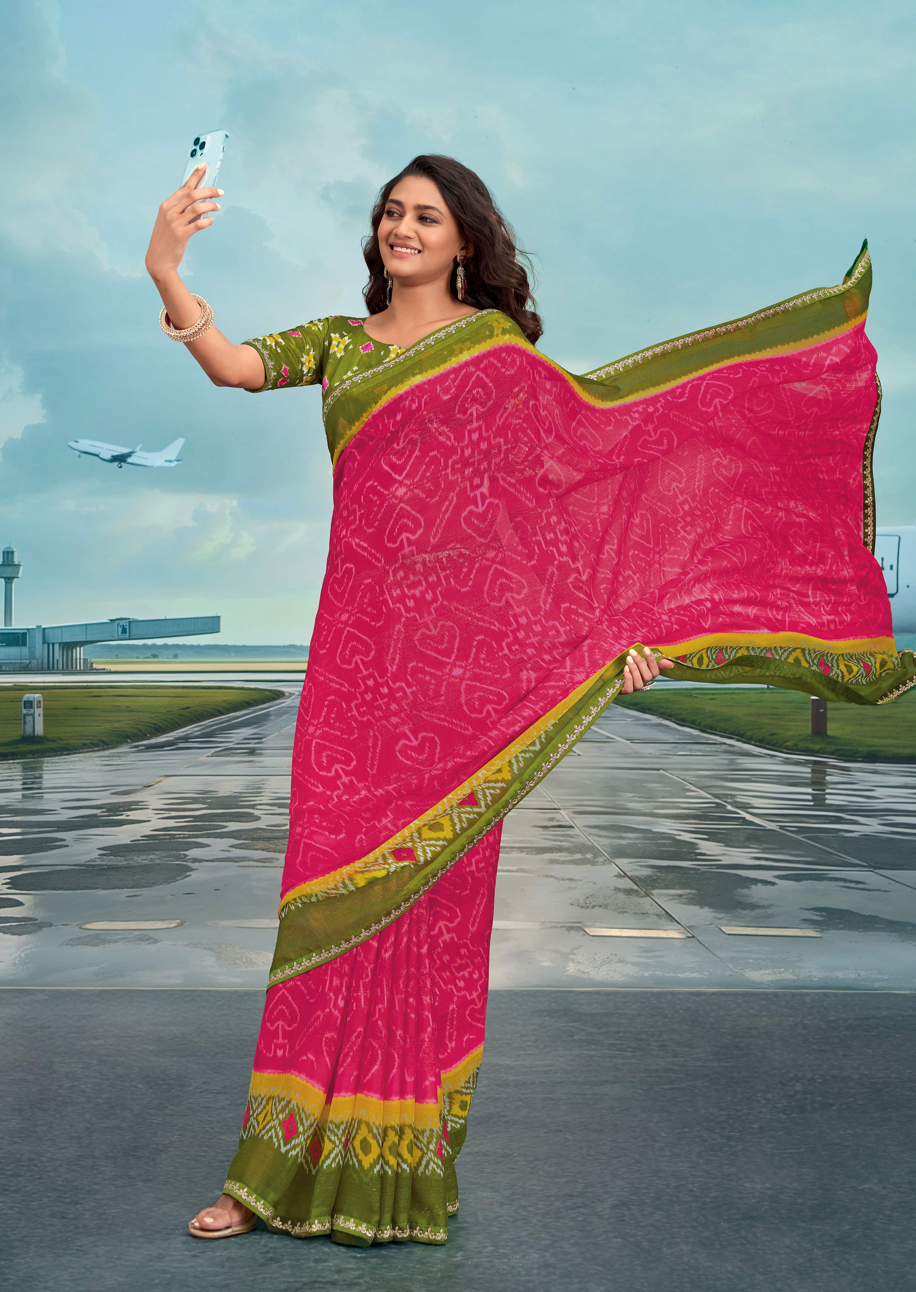 Laxmipati Raadhika Pink Ikat Print Chiffon Saree