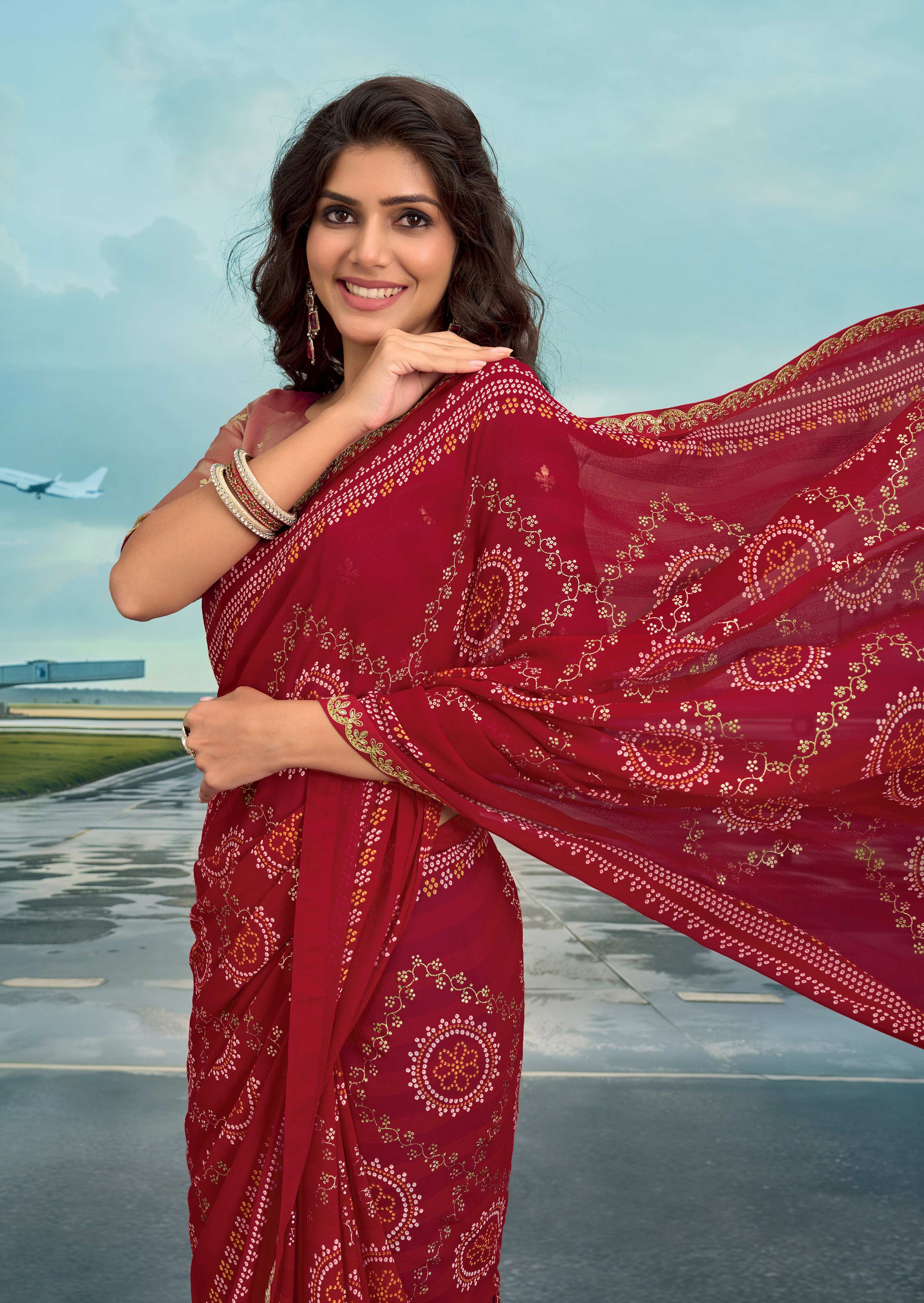 Laxmipati Raadhika Red Bandhani Print Chiffon Saree