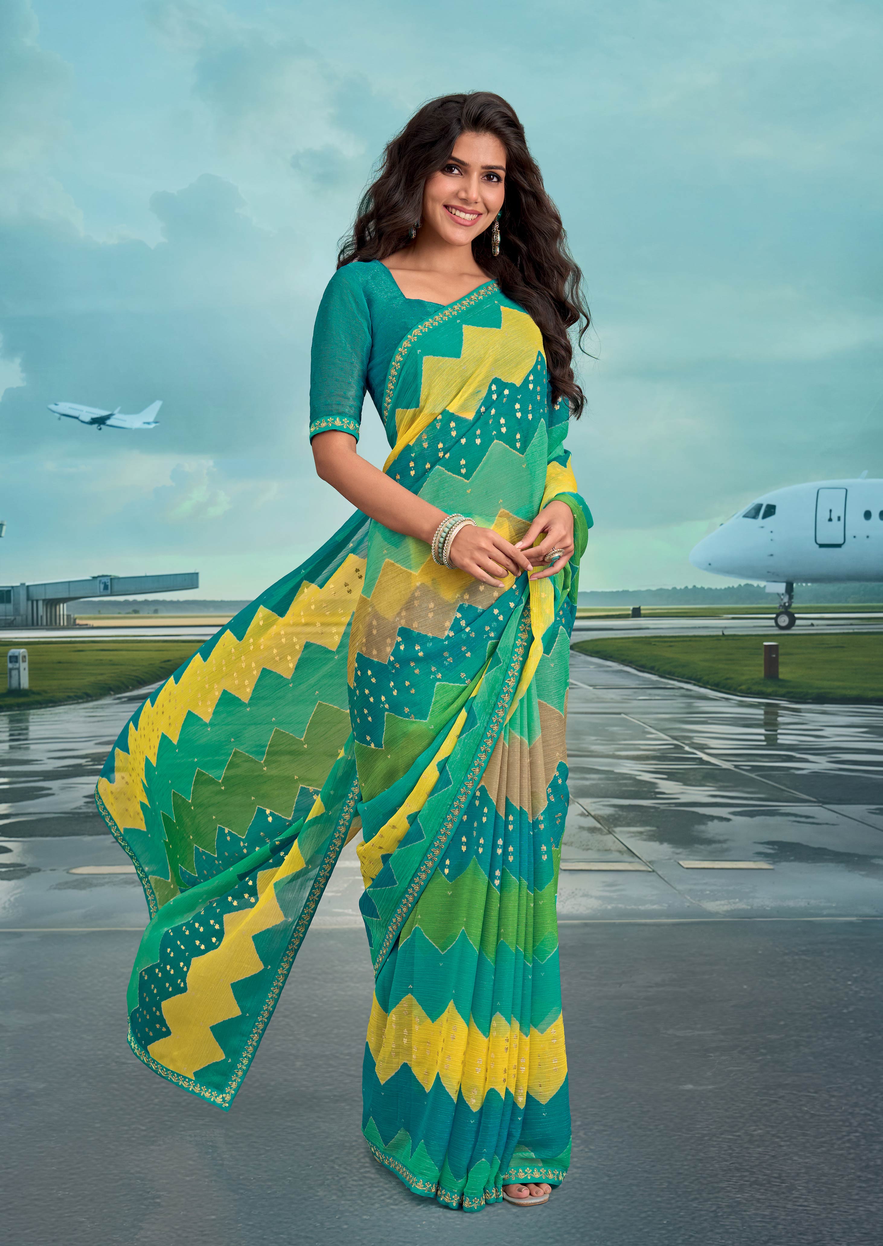 Laxmipati Raadhika Multicolor Chevron Print Chiffon Saree