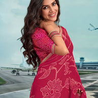 Laxmipati Raadhika Red Floral Print Chiffon Saree