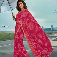 Laxmipati Raadhika Red Floral Print Chiffon Saree