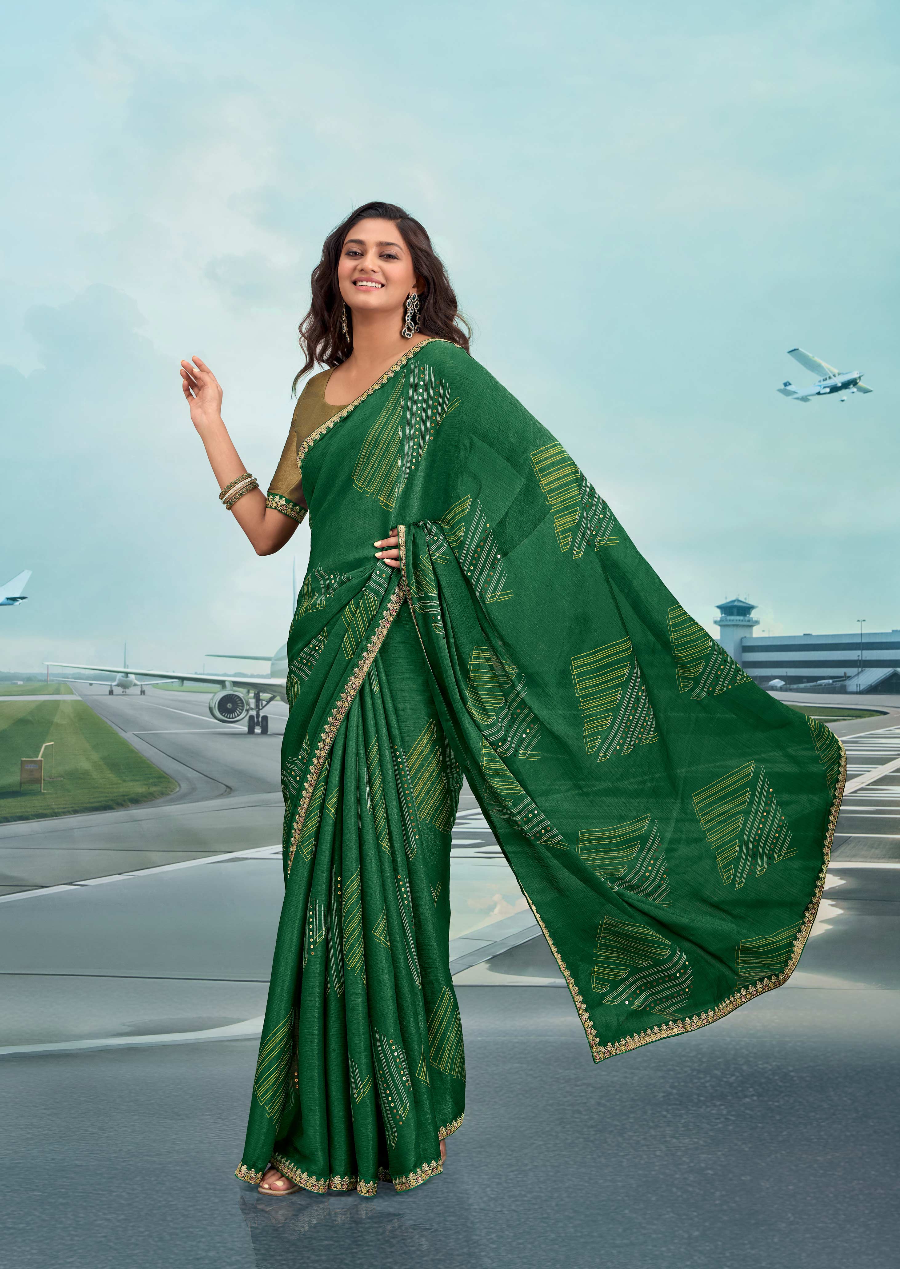 Laxmipati Raadhika Green Geometric Print Chiffon Saree