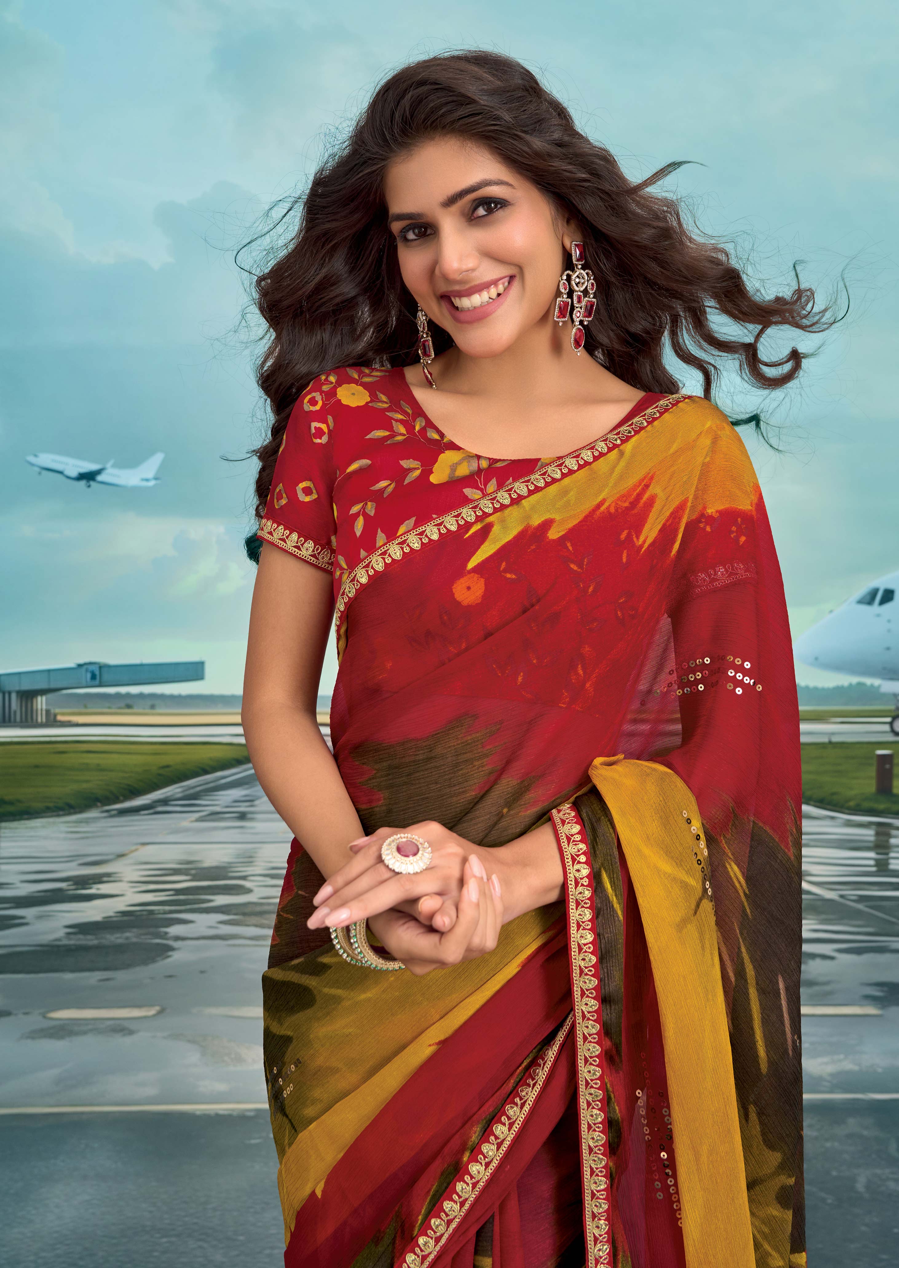 Laxmipati Raadhika Multicolor Abstract Print Chiffon Saree