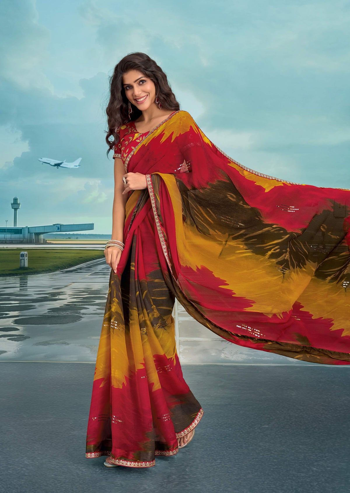 Laxmipati Raadhika Multicolor Abstract Print Chiffon Saree