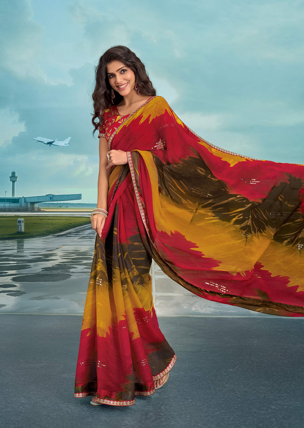 Laxmipati Raadhika Multicolor Abstract Print Chiffon Saree