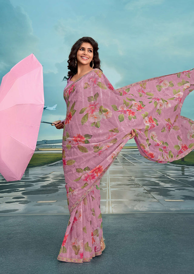 Laxmipati Raadhika Lavender Floral Print Chiffon Saree