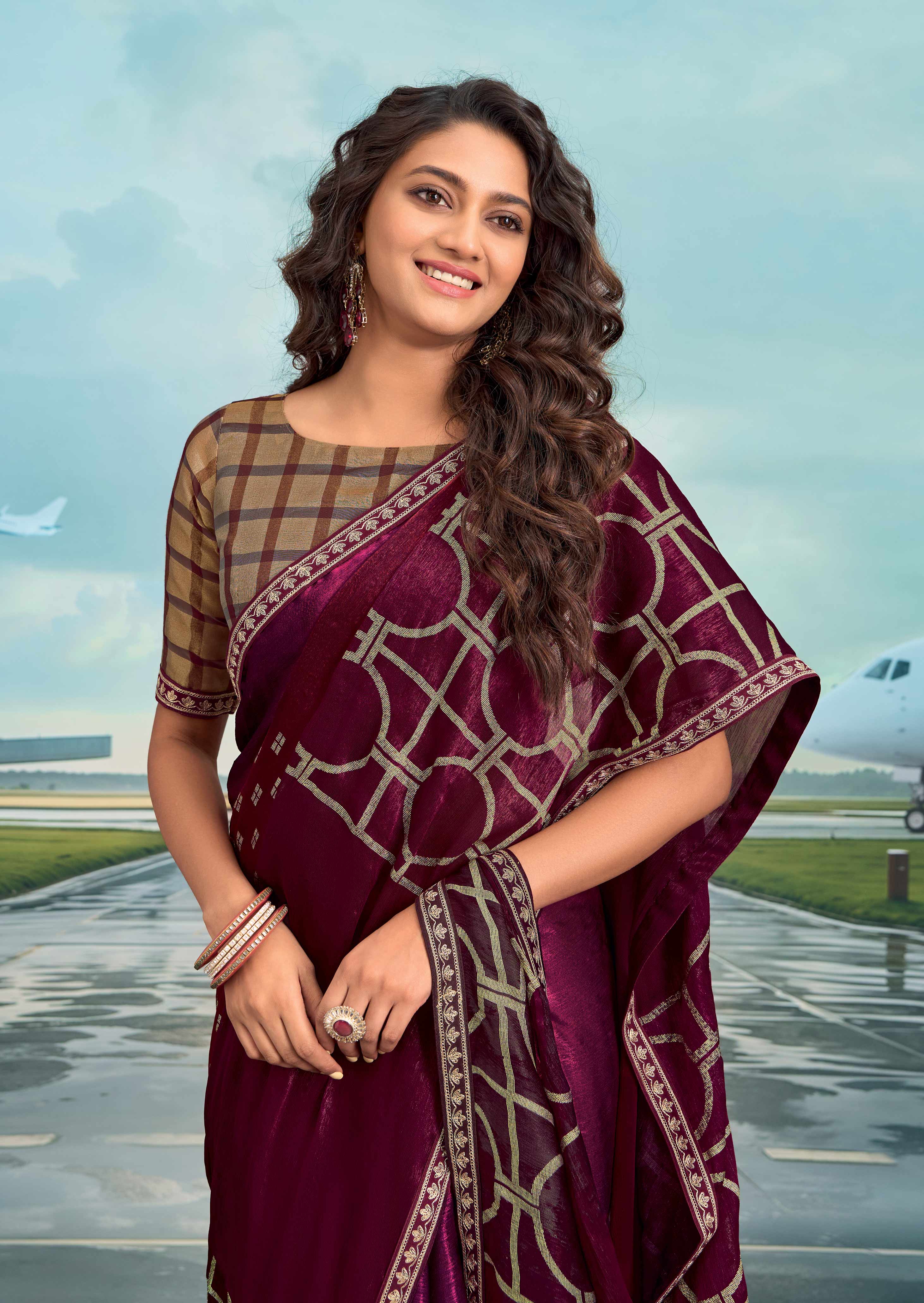 Laxmipati Raadhika Wine Geometric Print Chiffon Saree