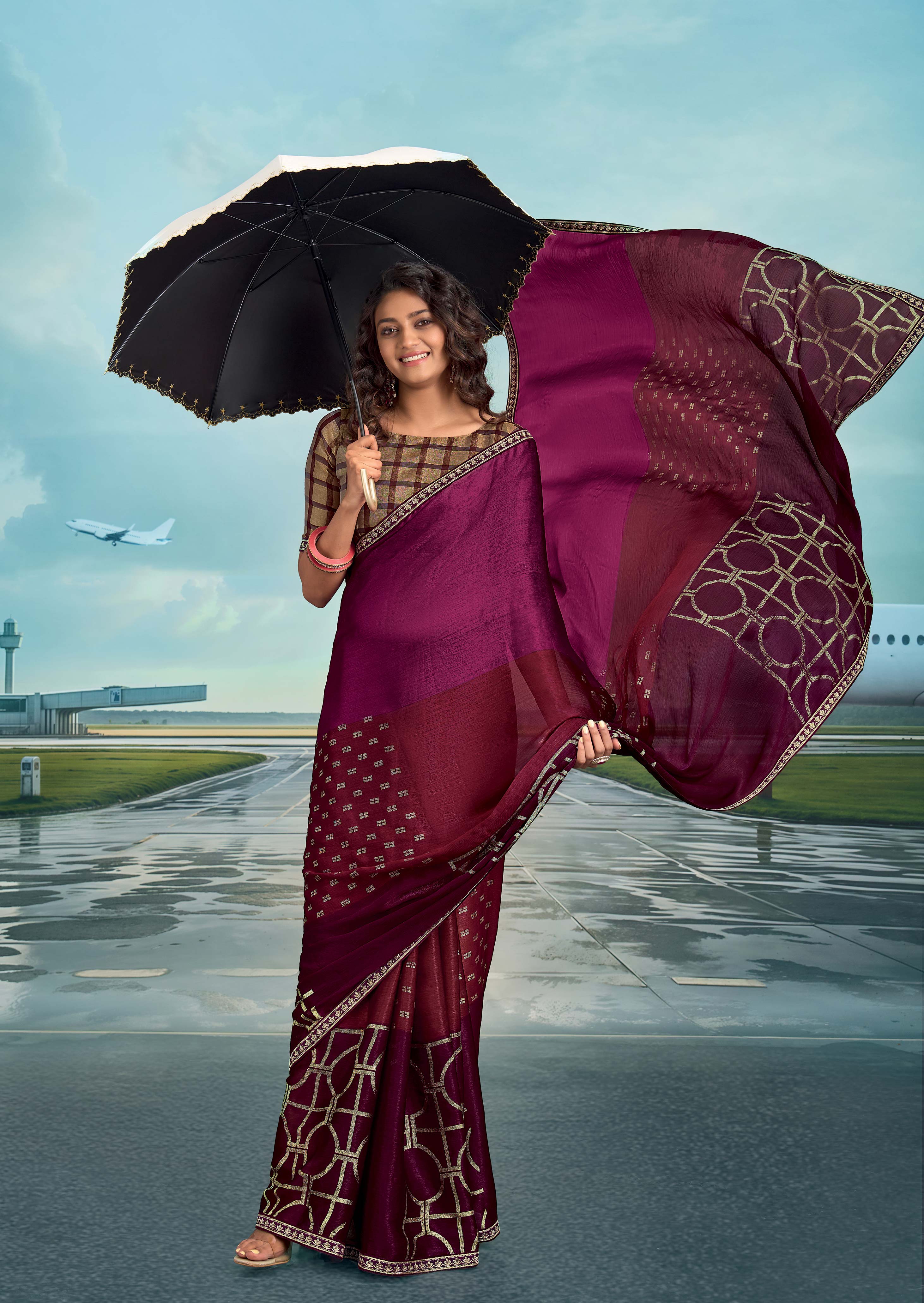 Laxmipati Raadhika Wine Geometric Print Chiffon Saree